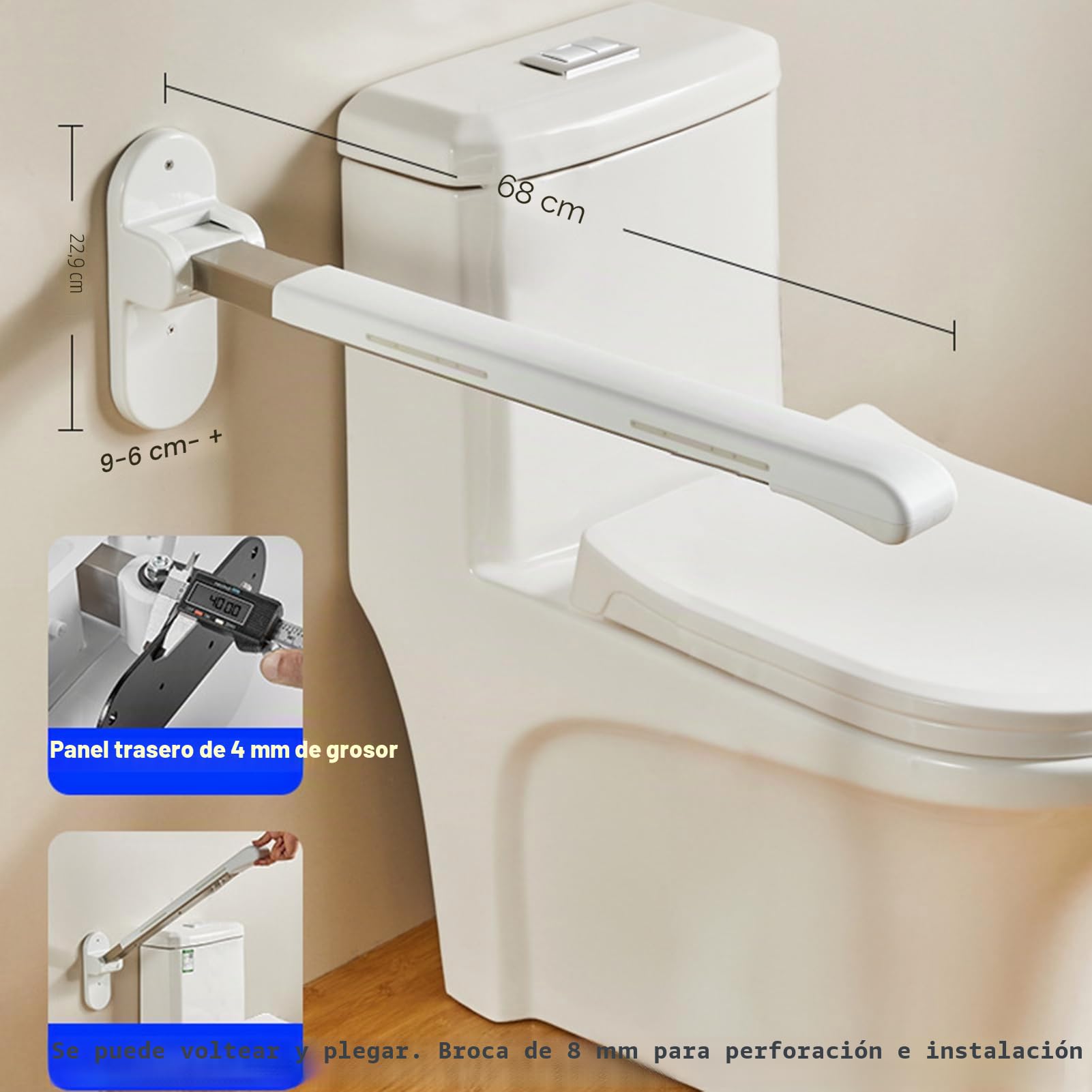 Barra Abatible Baño Acolchada, Luminoso Barra Baño Minusválido, Asidero Baño Abatible, Barra WC Minusválidos Abatible, Barra de Seguridad Baño Sujeción Pared,Blanco