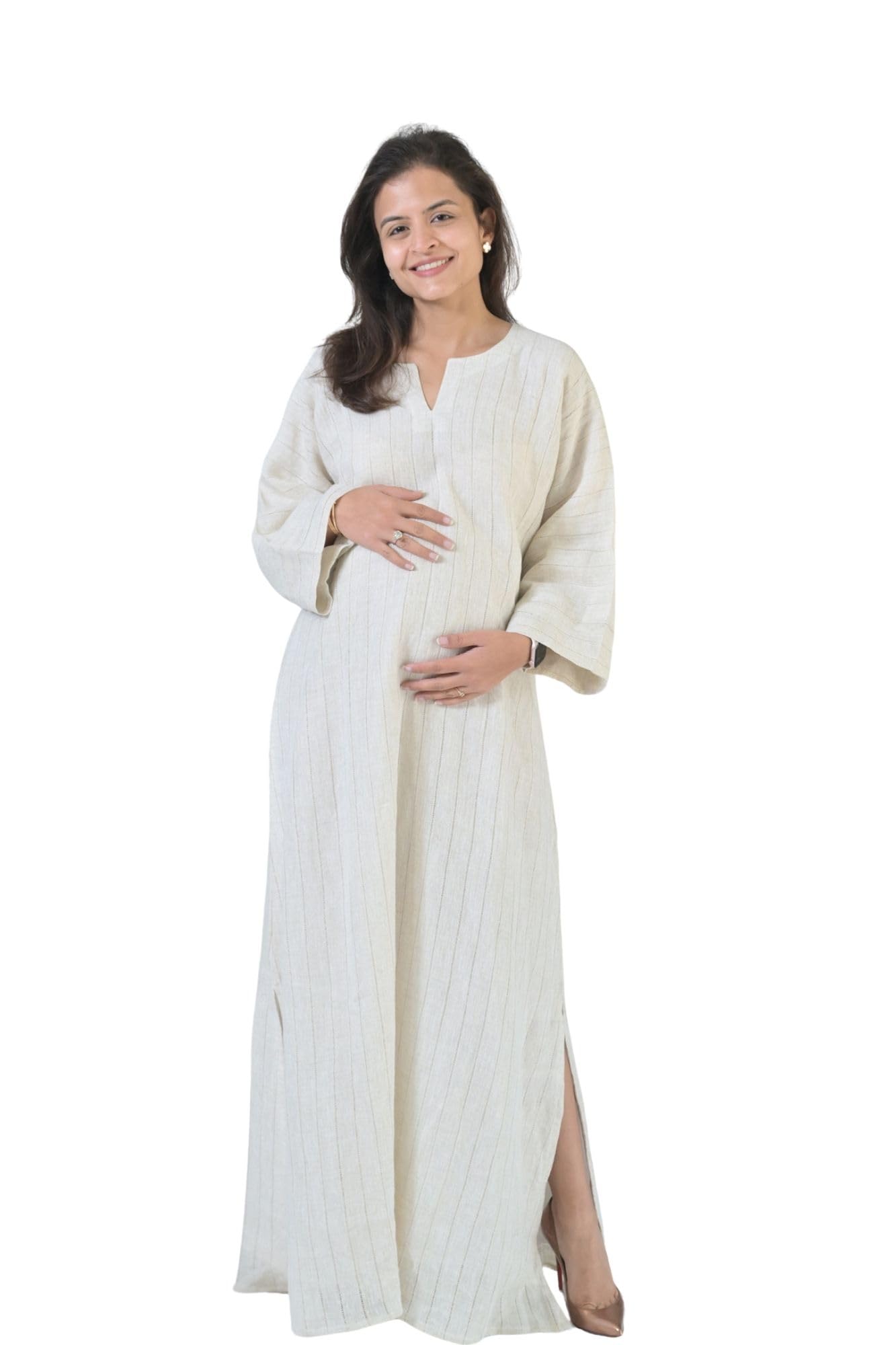 Luxe Graceful Beige Long Linen Maternity Dress-image-37