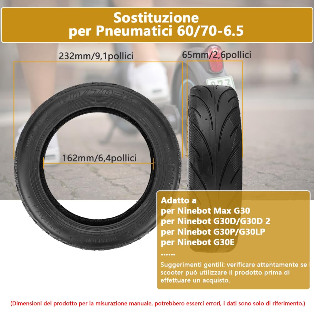 60/70-6.5 Pneumatico Tubeless con Valvola per Scooter Elettrico Ninebot Max G30 10'' Anteriore/Posteriore Ruota di Scorta con Colla Live Incorporata Riparabile a Prova di Foratura (1 Pezzo)