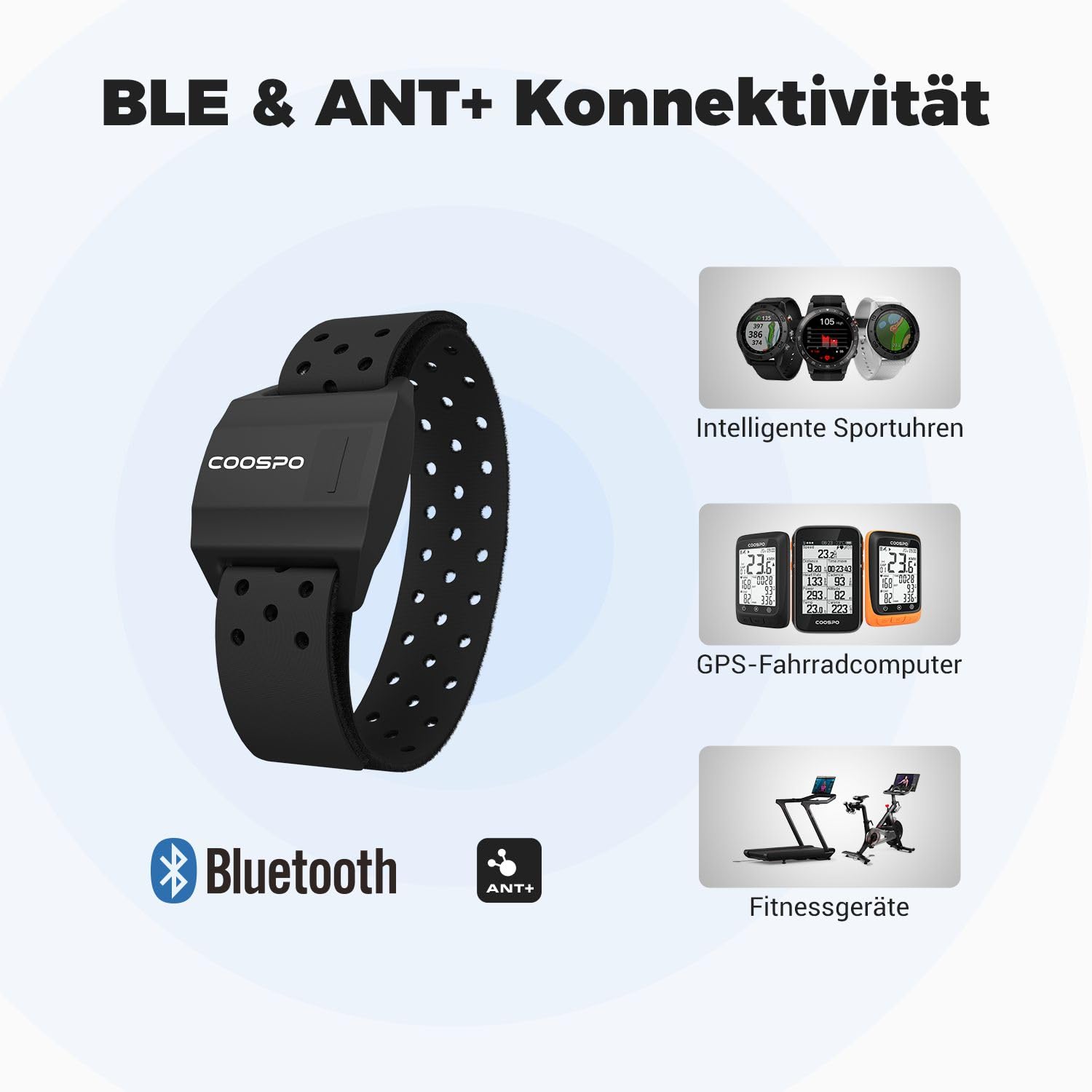 COOSPO Herzfrequenzmesser Armband Optischer Herzfrequenzsensor Bluetooth 4.0 ANT+ kompatibel mit iFit Polar Strava Wahoo Garmin Peloton