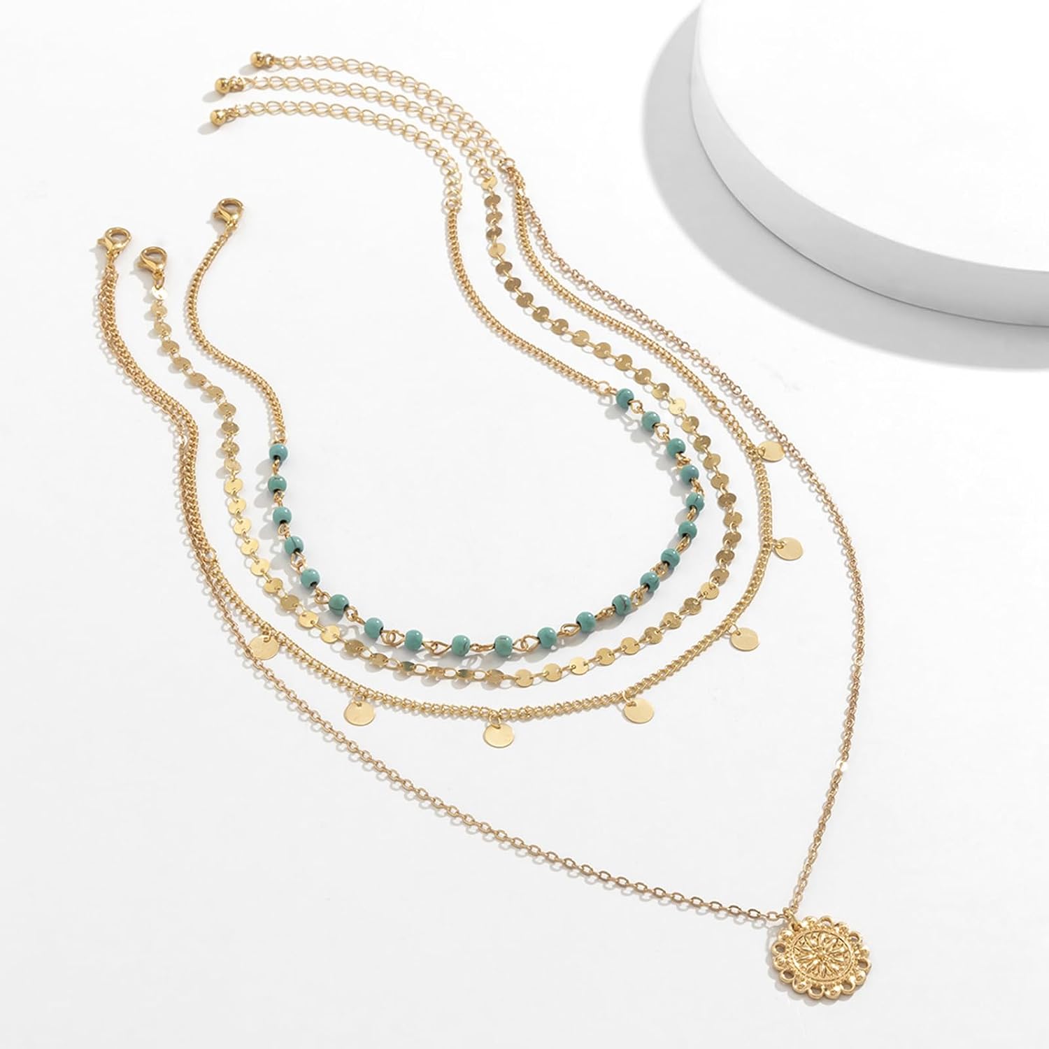 Gold Layered Necklace for Women Summer Boho Layered Stacked Pendant Necklace Country Concert Necklace Turquoise Coin Long Necklace