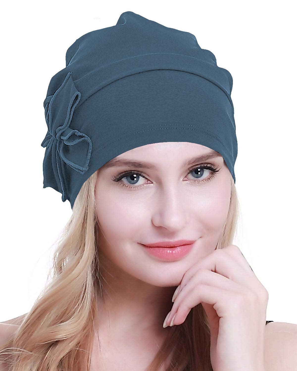 osvyo Cotton Chemo Turbans Headwear Beanie Hat Cap for Women Cancer Patient Hairloss Cerulean Blue