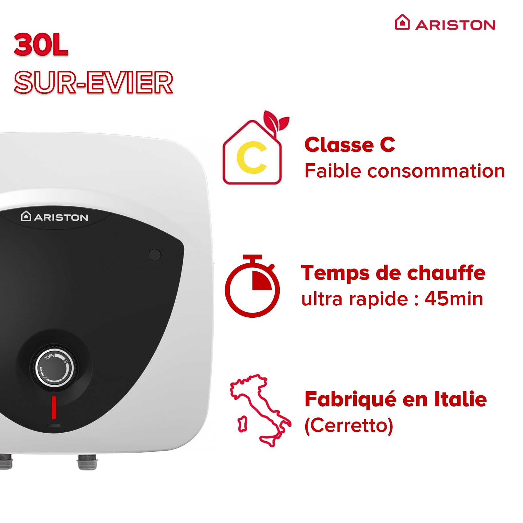 Ariston ANDRIS LUX - Chauffe-eau électrique Sur Évier 30 litres - Puissance 2000W - Compact, facile à utiliser - Conçu et fabriqué pour être installé en France