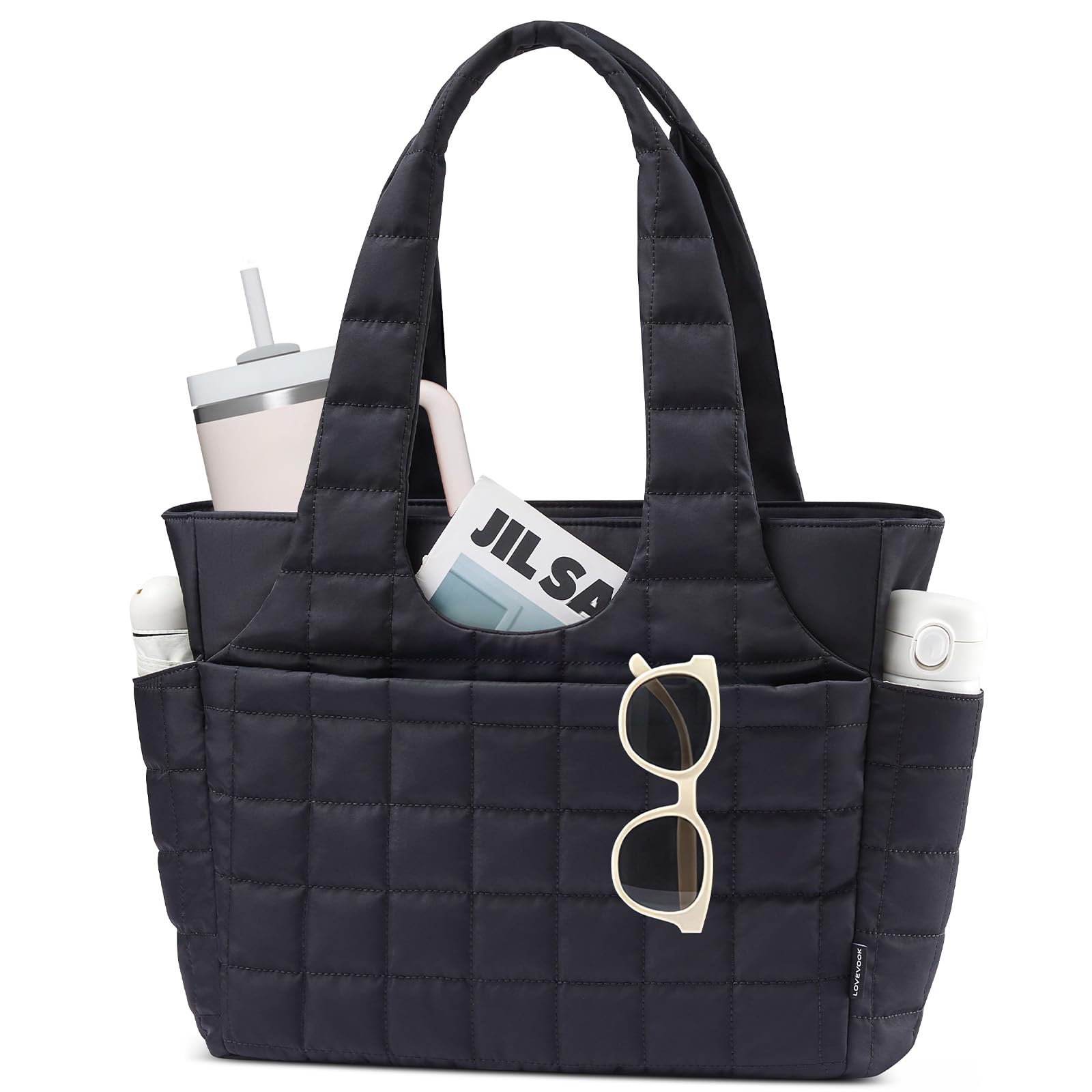 LOVEVOOK Puffer Handtasche Damen Groß, 15,6 Zoll Laptoptasche Shopper Tasche mit Wasserflaschenfach, Leichte Arbeitstasche Schultertasche für Arbeit, Uni & Reise