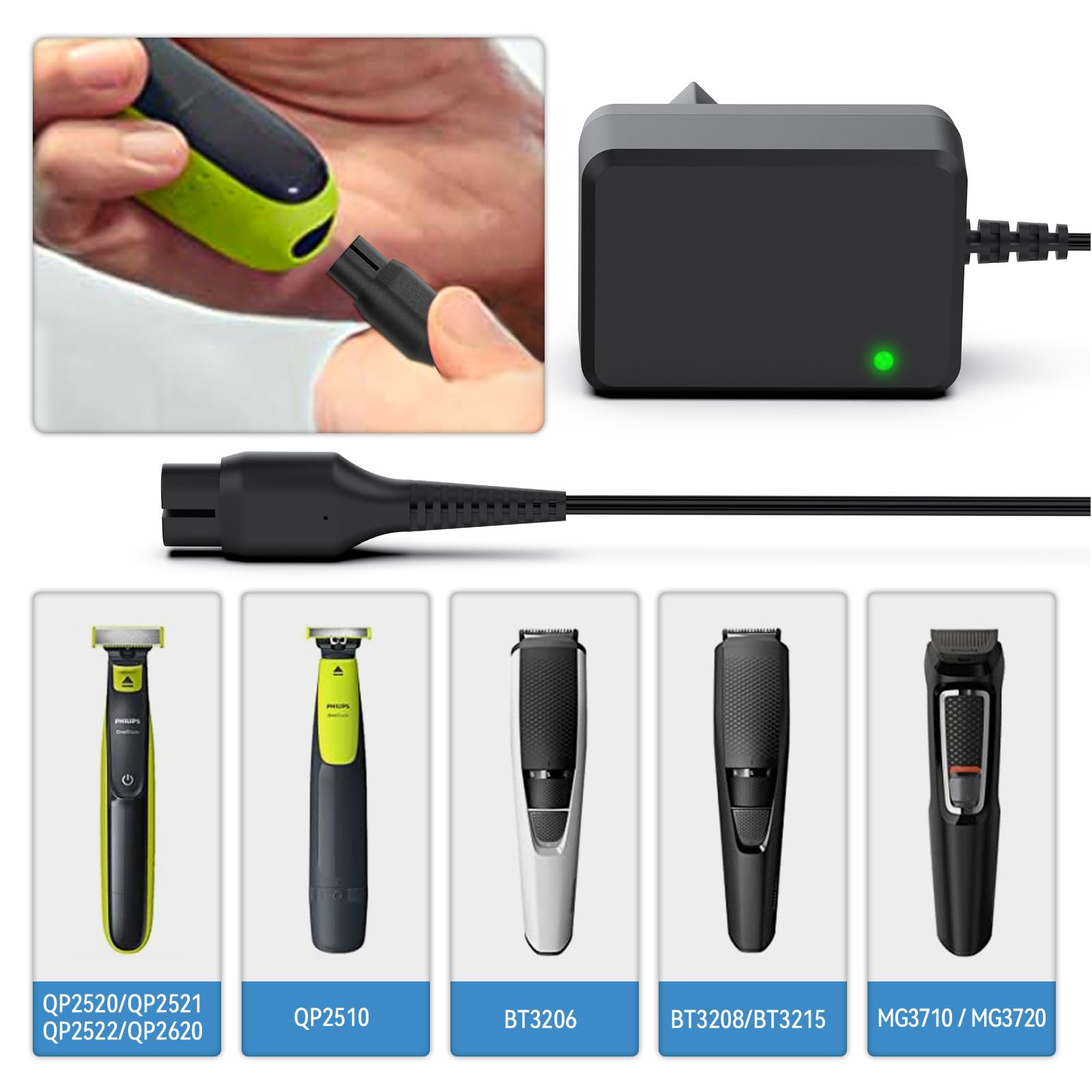 shefor One blade Caricatore per Philips，4.3V A00390 Caricabatterie Compatibile con Philips OneBlade QP2520 QP2570 QP2620 MG3730 MG3720 MG5720 MG5730 BT3208 BT3206 A00390 Rasoio Alimentatore
