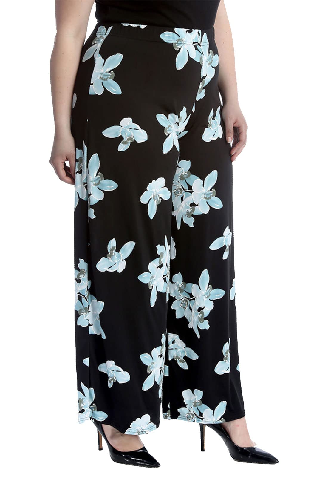 FAIRY BOUTIQUE Ladies Plain Printed Wide Leg Crepe Palazzo Trousers Womens Plus Size Casual Flared Pants Turquoise Flower Print 28-30