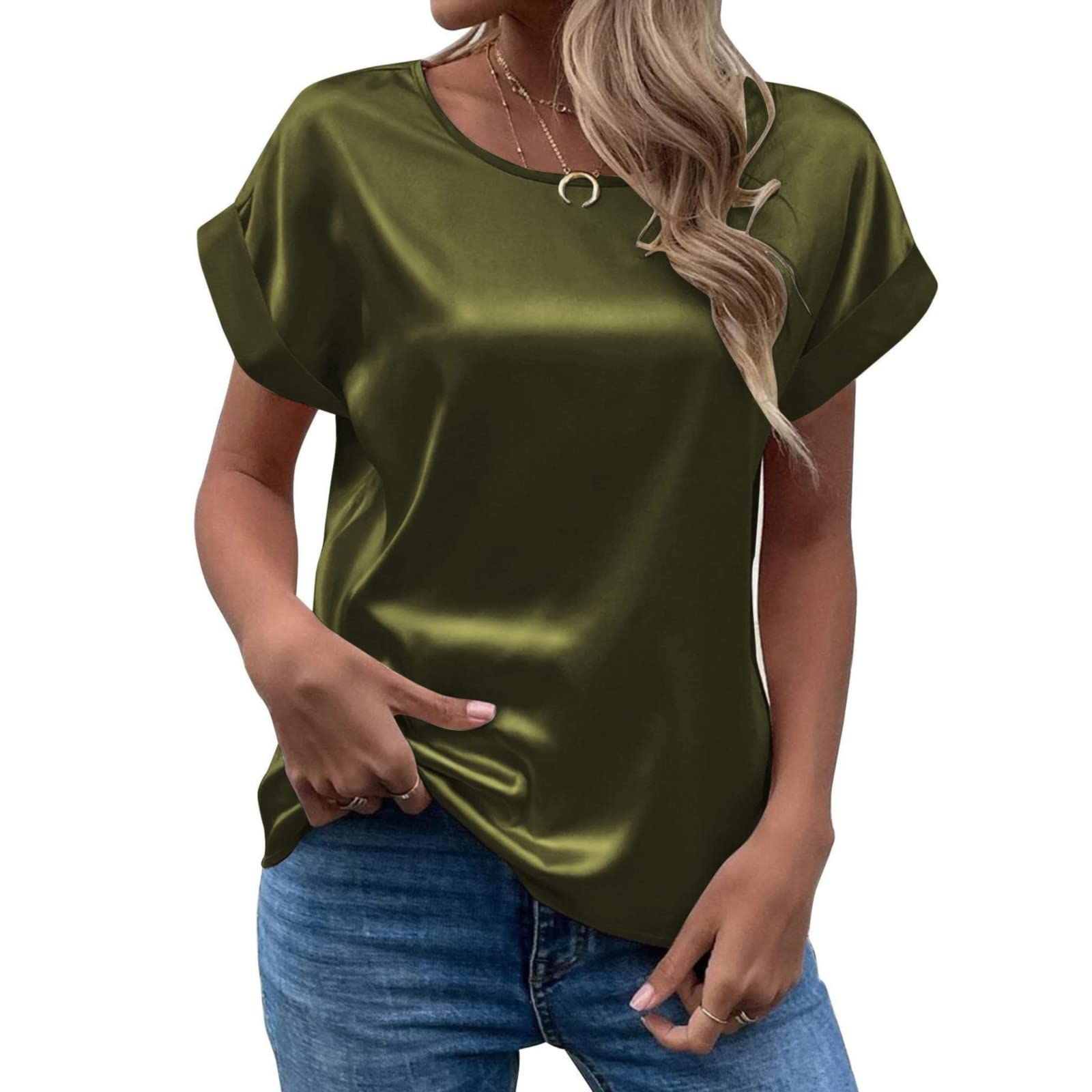 Trendy Loose Fit Summer Tops Trendy for Women Cap Sleeve Casual Crew Neck Blouse Solid Running 2024 Tunic Round Neck