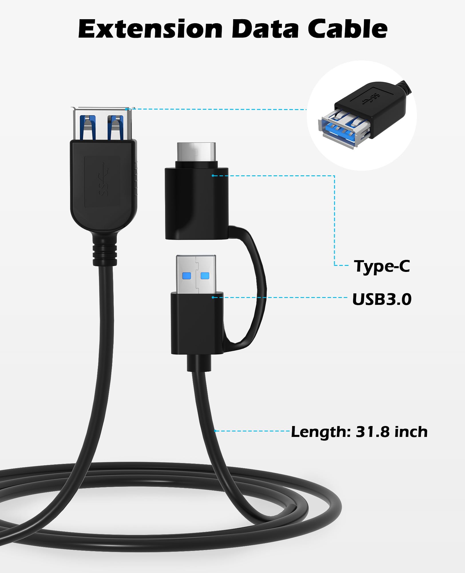 Wbacon Unidad Blu ray externa con cable de datos de extensión USB 3.0 tipo C | Unidad de DVD Blueray externa para PC, grabadora externa Bluray compatible con Windows/MacOS/Linux Laptop Desktop
