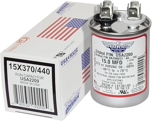 AMRAD ENGINEERING Condensador de funcionamiento de motor redondo de la serie USA2209 fabricado en Estados Unidos, 15 Mfd, 370/440 Vac-132325