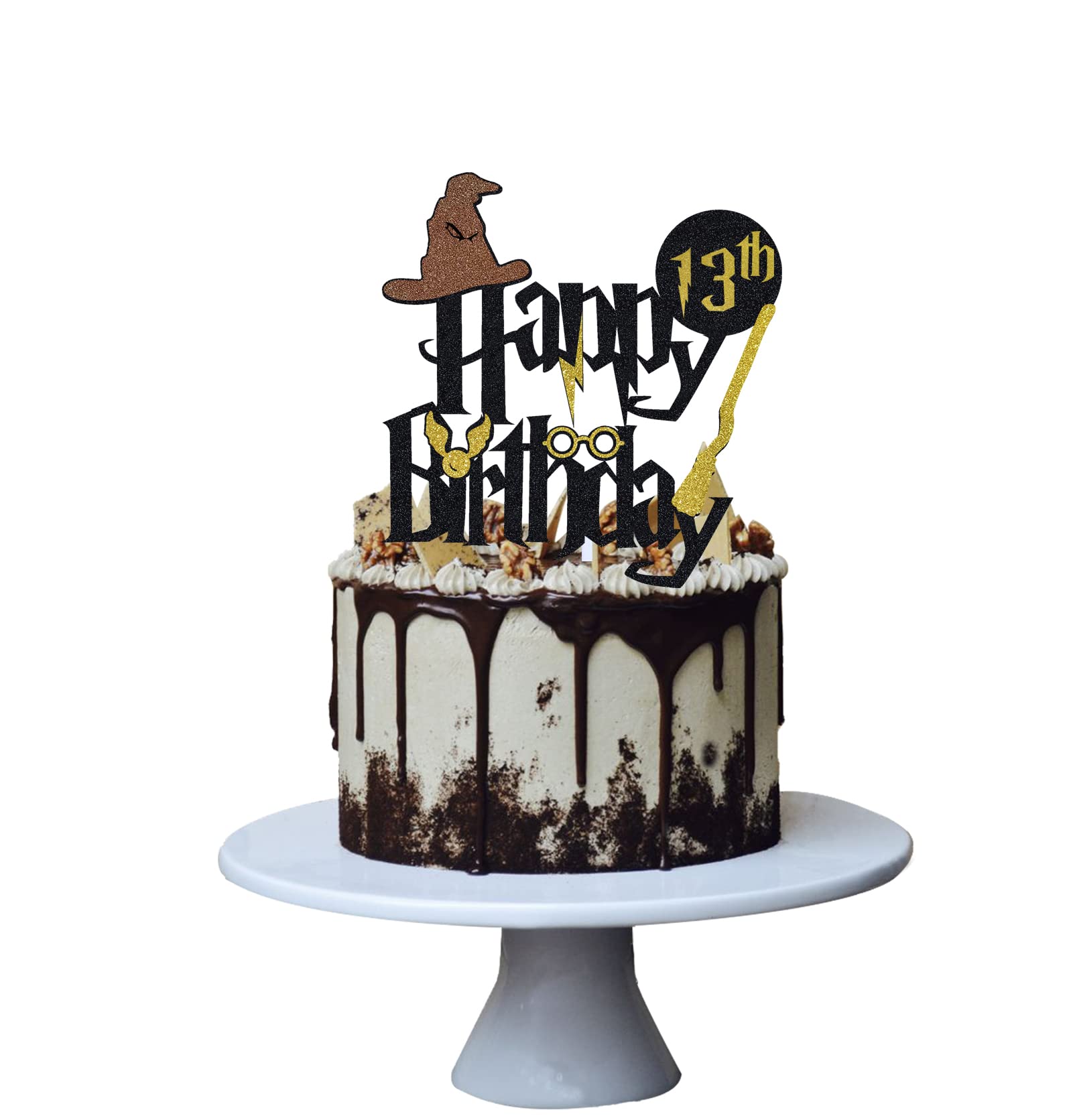Wizard 13th Birthday Cake Topper – Black Glitter Paper Decoration For Boy Or Girl 13th Party