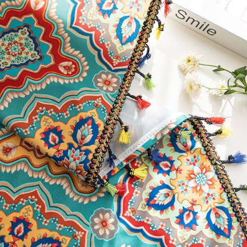 Image of Turquoise Blue Boho Curtains 72 Inches Long, Colorful Medallion Farmhouse Light Filtering Rod Pocket Drapes with Tassel Trim for Bedroom Living Room, 2 Panels