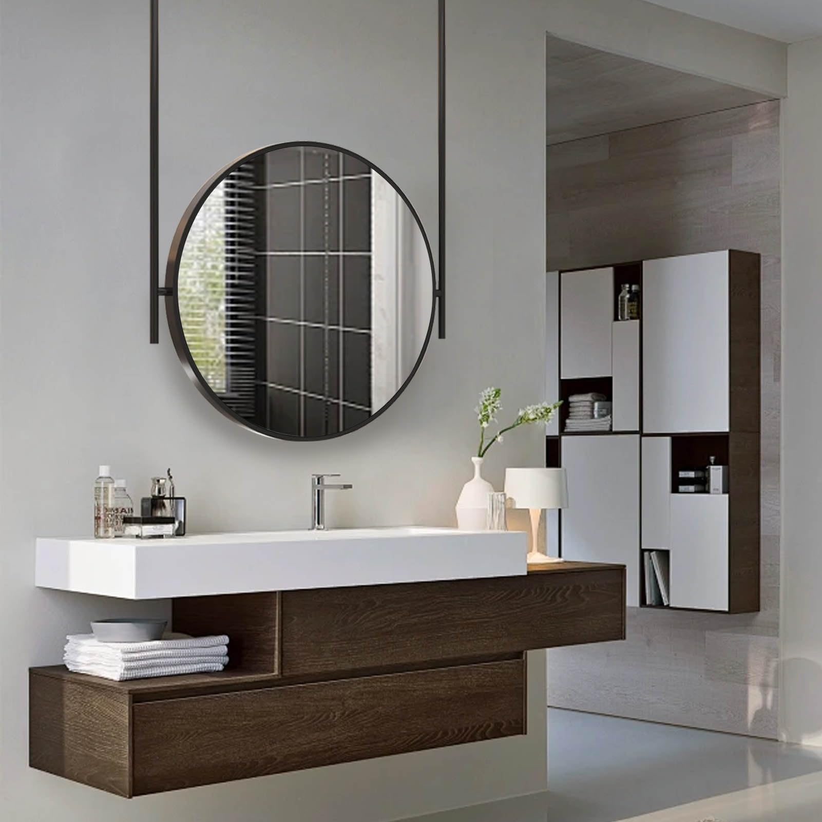 SXFSDOU Round Metal Iron Framed Bathroom Mirror, Black Ceiling Hanging Mounted Mirrors Modern Bedroom Shaving Mirror(Diameter-70CM/27.6INCH)