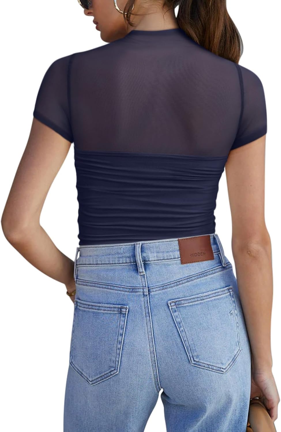 REORIA Women's Sexy Mock Turtle Neck Short Sleeve Shirts Sheer Mesh Ruched Trendy Going Out Bodysuits Tops - Image 2