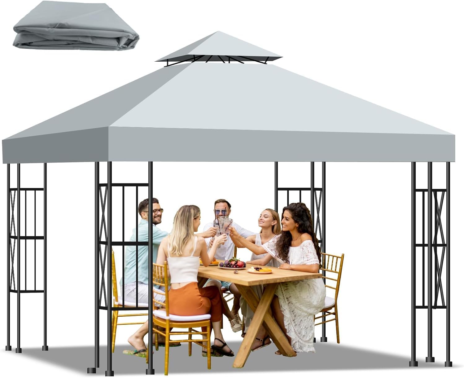 10x10 Canopy Replacement Top Cover Canopy Top Replacement, Double Layer Vented Sunshade Cover – Waterproof & UV Resistant, Fits Standard 10'x10' Outdoor Gazebo Frame for Patio, Garden, Backyard (Grey)