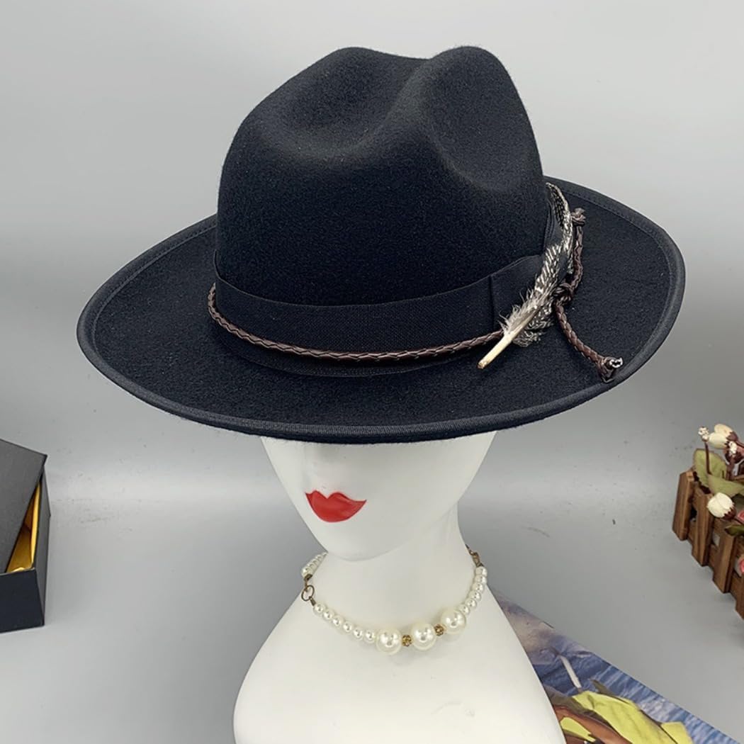 Vintage Style Wool Fedora Hat with Feather Band, Black (Black,One Size)