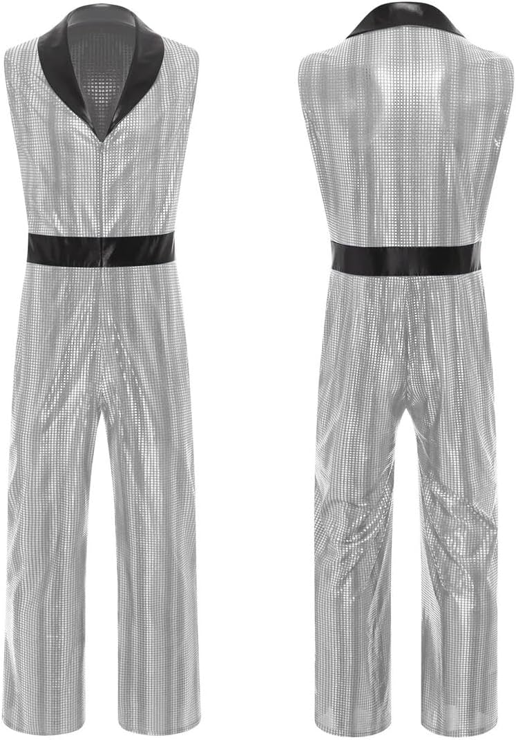 Men Disco Jumpsuit Dance Costume Lapel V Neck Sleeveless Wide Leg Bodysuit Plaid Romper for Club Party
