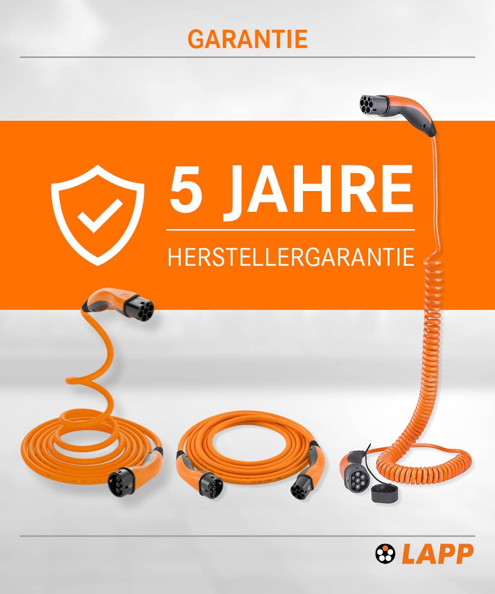 Lapp Mobility Typ 2 Ladekabel 11 KW, Orange, Buchse auf Stecker, Glatt, 20 A, 3-Phasig, E-Auto Ladekabel, Mode 3, 5m