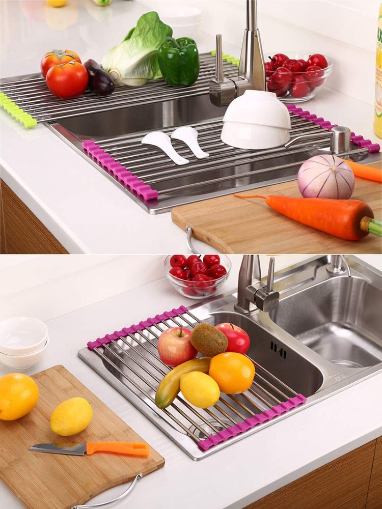 Escurridor de platos, escurridor de cocina enrollable sobre el fregadero, diseño plegable de acero inoxidable para un secado cómodo y ahorro de espacio, 37 x 23 cm para encimera de fregadero