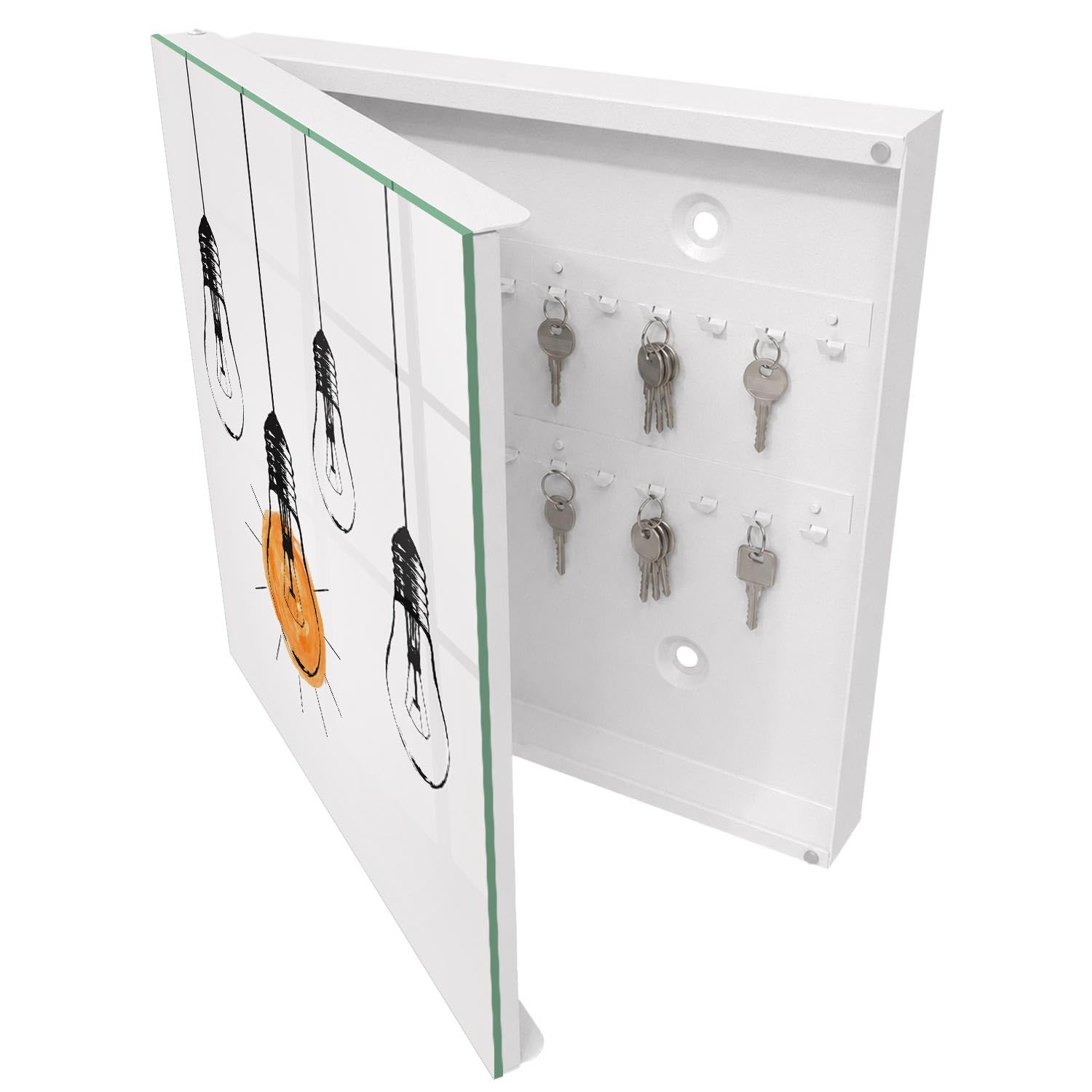 Armadietto Portachiavi 30x30 cm | Bianco | A Sinistra | Montaggio a Parete | Lampadine | Frontale Decorativo in Vetro Temperato | Tasselli e Viti Inclusi | per Uffici | in Metallo
