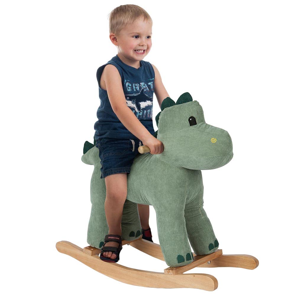 BAKAJI Dinosauro a Dondolo Cavalcabile Giocattolo per Bambini con Suoni Realistici e Struttura in Legno Resistente e Tessuto, Gioco Prima Infanzia, Sedia Design Animale, Idea Regalo per Cameretta