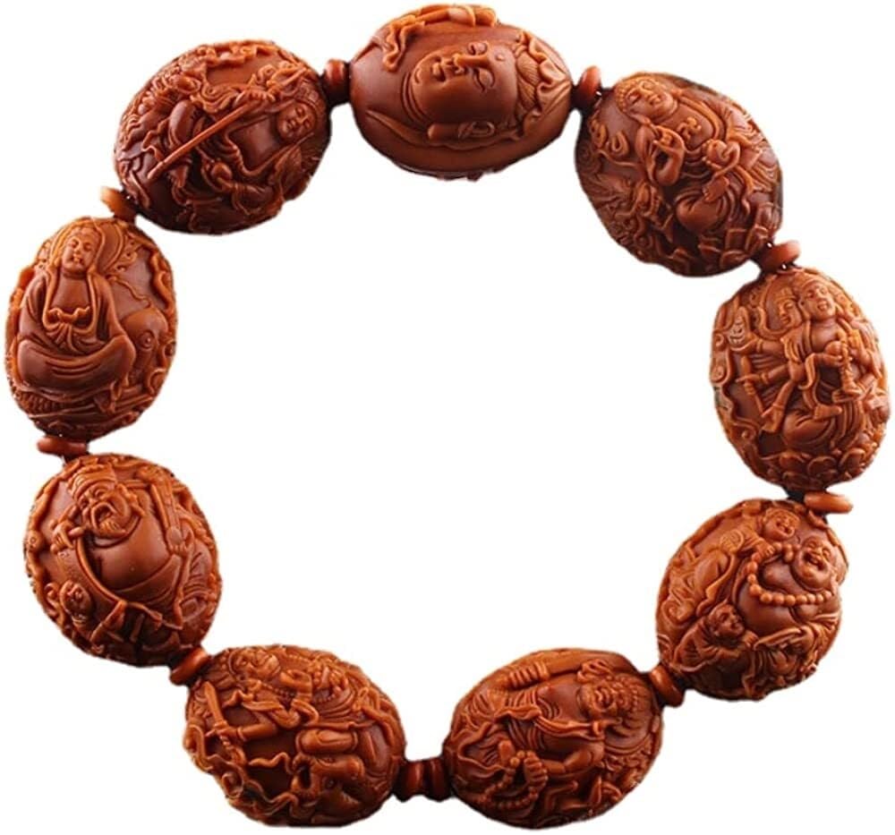 Bracciale con perline, Bracciale con perline di preghiera, Catena a mano con nocciolo d'oliva 1,8 cm*2,4 cm Nocciolo d'oliva intagliato Diecimila Buddha Chaozong Dio della ricchezza, legno, nessuna