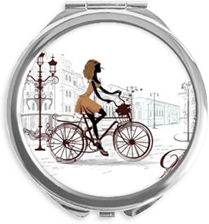 Bicycle Lady France Illustration Pattern Hand Compact Mirror Round Portable Pocket Glass