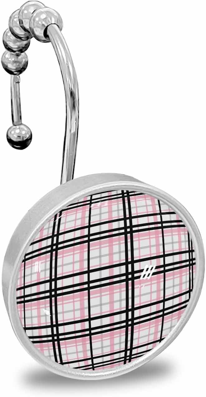 Shower Curtain Hooks 12 Pcs Abstract Stripes Pink Black Grey Plaid Stainless Steel Rust Proof Rolling Shower Curtain Rings, Decorative Shower Curtain Hooks Hangers for Bathroom