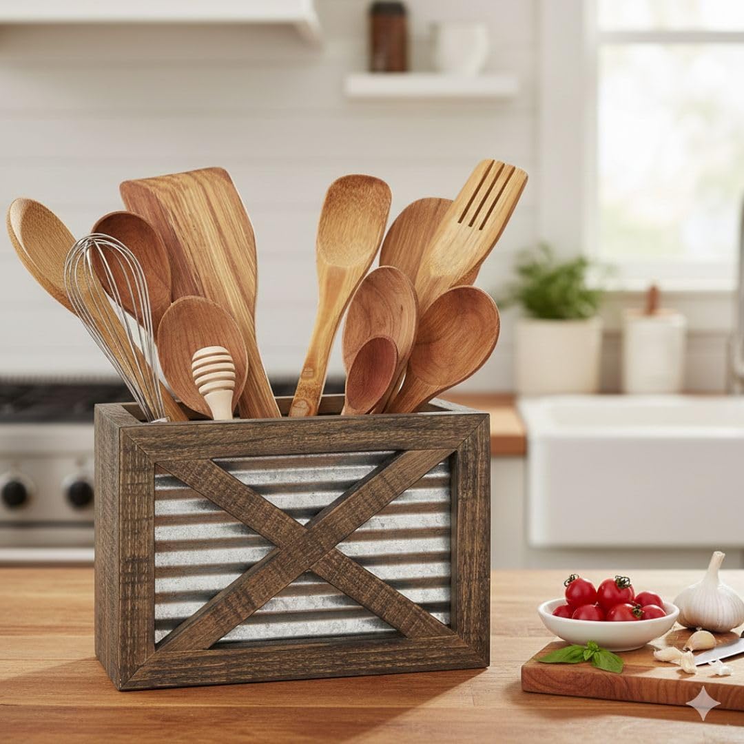 Autumn Alley Barn Door Rustic Wooden Kitchen Utensil Holder - Galvanized Accents - Farmhouse Details Add Charm to Your Country Kitchen Decor