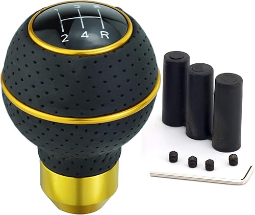 Miniatura 10 de Thruifo Pomo de palanca de cambios de 5 velocidades, pomo de palanca de cambios de aluminio cubierto de cuero para la mayoría de transmisiones