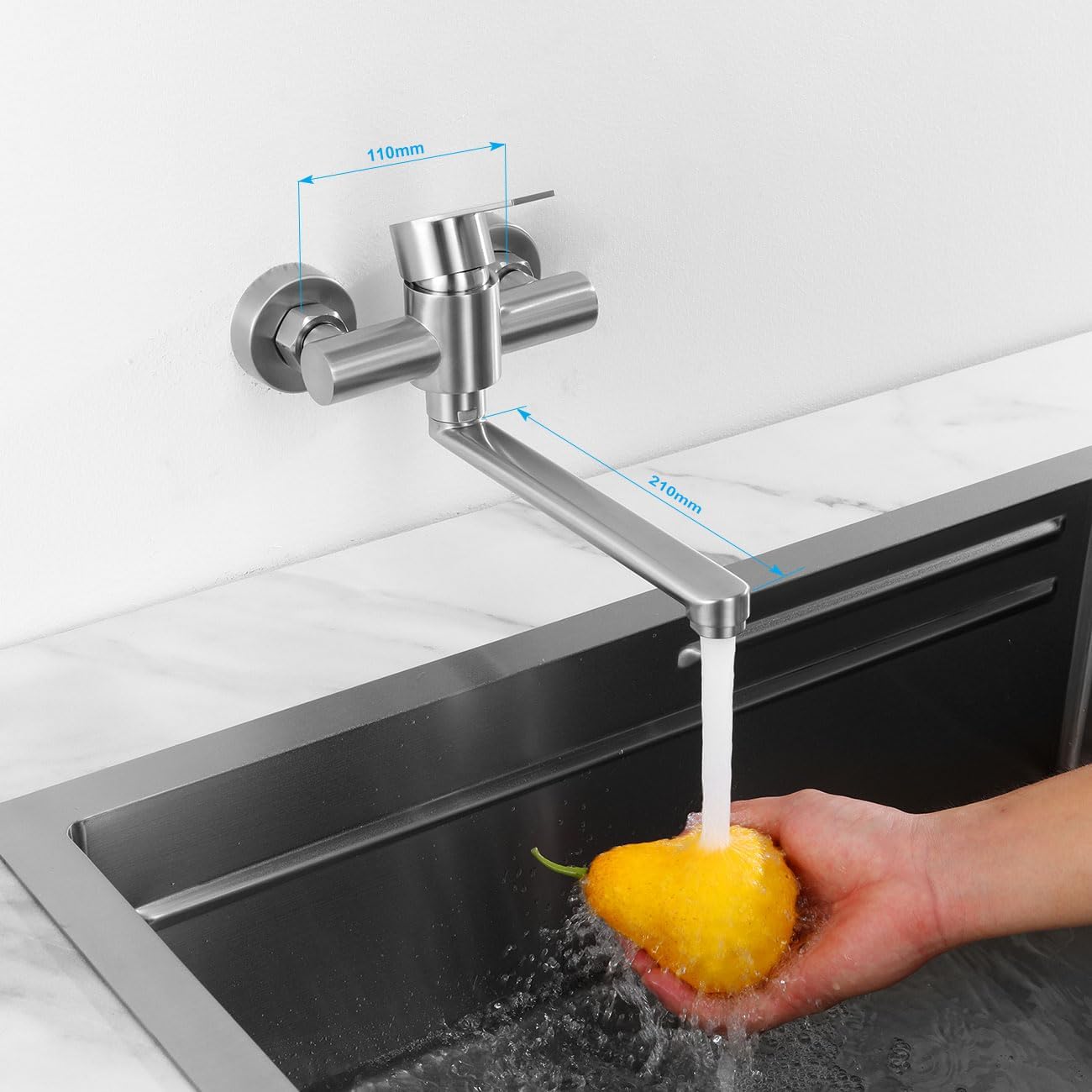 Rubinetto Cucina A Parete In Acciaio Inox 304 – Mono Comando, Girevole 360° Con Aeratore Rimovibile, Fori 11 Cm