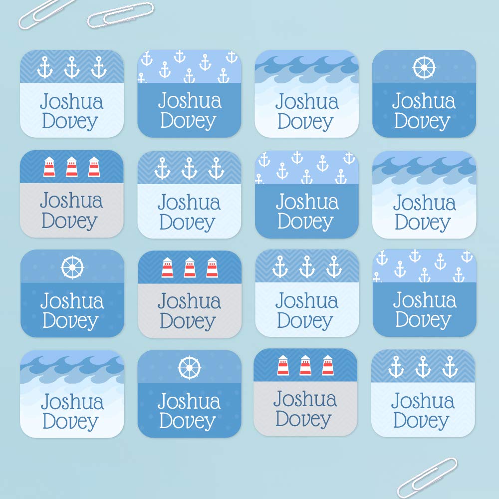Nautical Stick on Clothing Name Labels - No-Iron Stickers for School Children, Care Homes, Nursery (32 Labels)