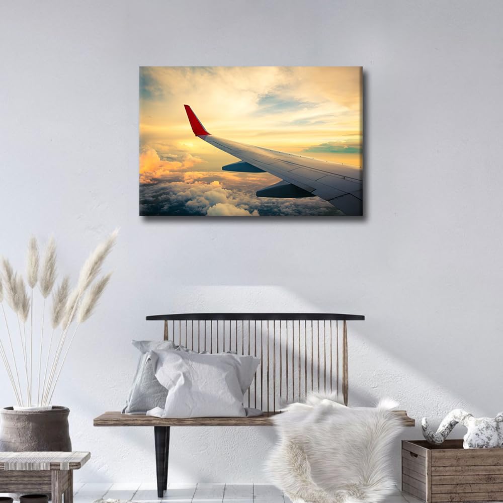 TISHIRON Wall Decor Airplane Wings Canvas Wall Art Aircraft and Sunset Clouds Modern Artwork for Office Picture Print on Canvas Wall Decorations Framed Ready to Hang for Living Bedroom Home 24x16in - Image 2
