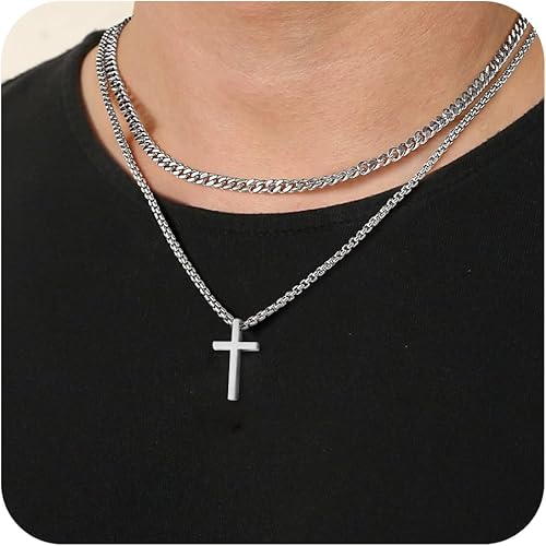Cross Necklace for Men - 18K Whited Gold/Gold/Black Plated Layered Cross Necklace Stainless Steel Plain Cross Pendant Necklace Cuban Box Chain Cross Necklace for Men 16-30 Inch
