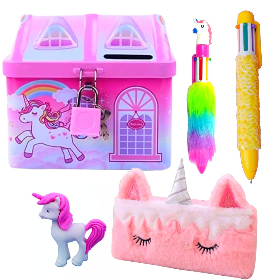 RELIA ONLINE Unicorn Stationery Pencil Pouch Combo with Unicorn Metal Hut Piggy Money Bank for Kids and Girls | Birthday Party Gift for Girls Age 6-8 Years, 10-12 Years Old (B0BY99651D) Amazon Price History, Amazon Price Tracker
