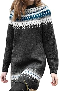 Women's Fair Isle Print Sweater Dress for Women 2024,Casual Loose Vintage Argyle Striped Long Sleeve Pullover Tops - Buy now