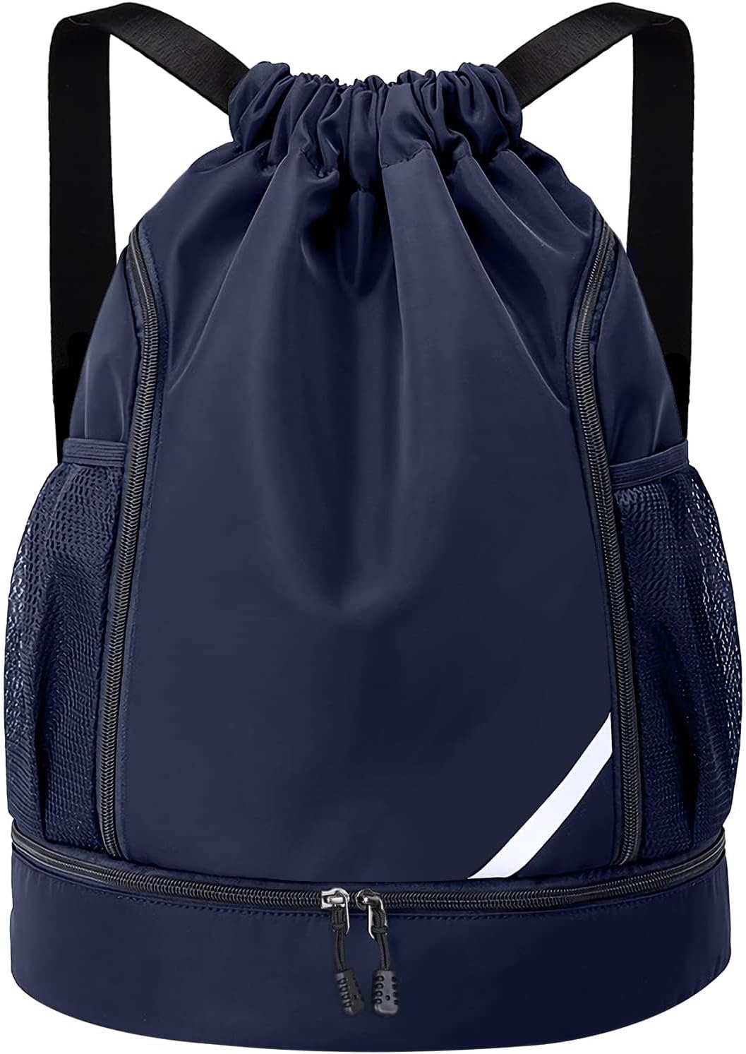 Drawstring Backpack Water Resistant String Bag Gym Sports with Shoe Compartment Side Mesh Pockets for Women Men (Blue)
