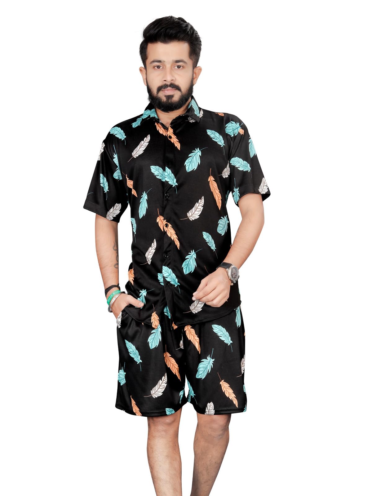 Black Co Ord Set for Men| Printed Shirt & Shorts Set| Cotton Button Down Short Sleeve| Pajama Shorts Night Suits Set| Lounge-Wear Nightdress| Set Beach Wear| Summer Wear-picture-19