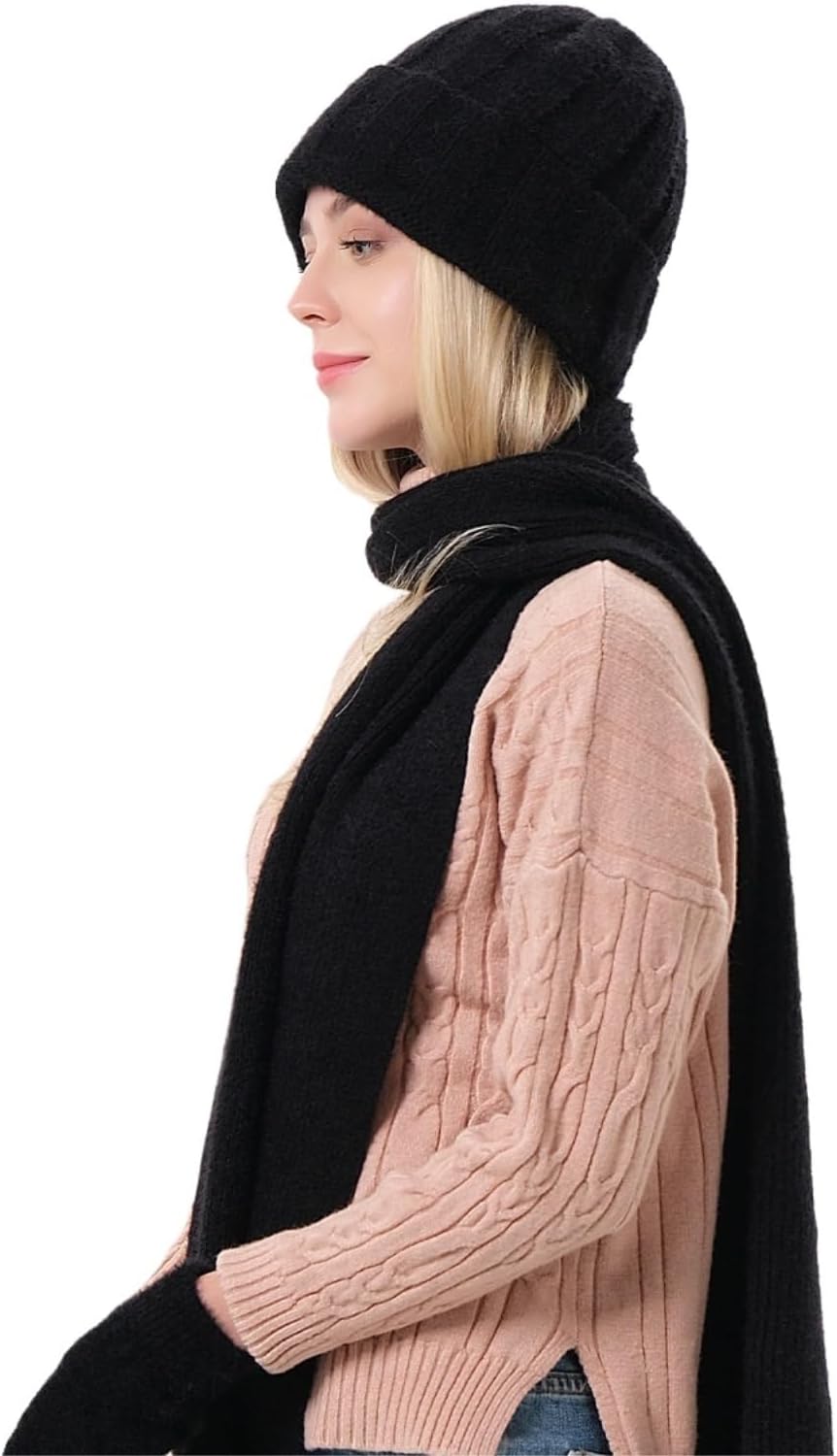 Winter Hat Scarf Gloves A Solid-Color Knitted Hat Scarf and Gloves 3-Piece Set for Warmth for Cold Weather(Black)