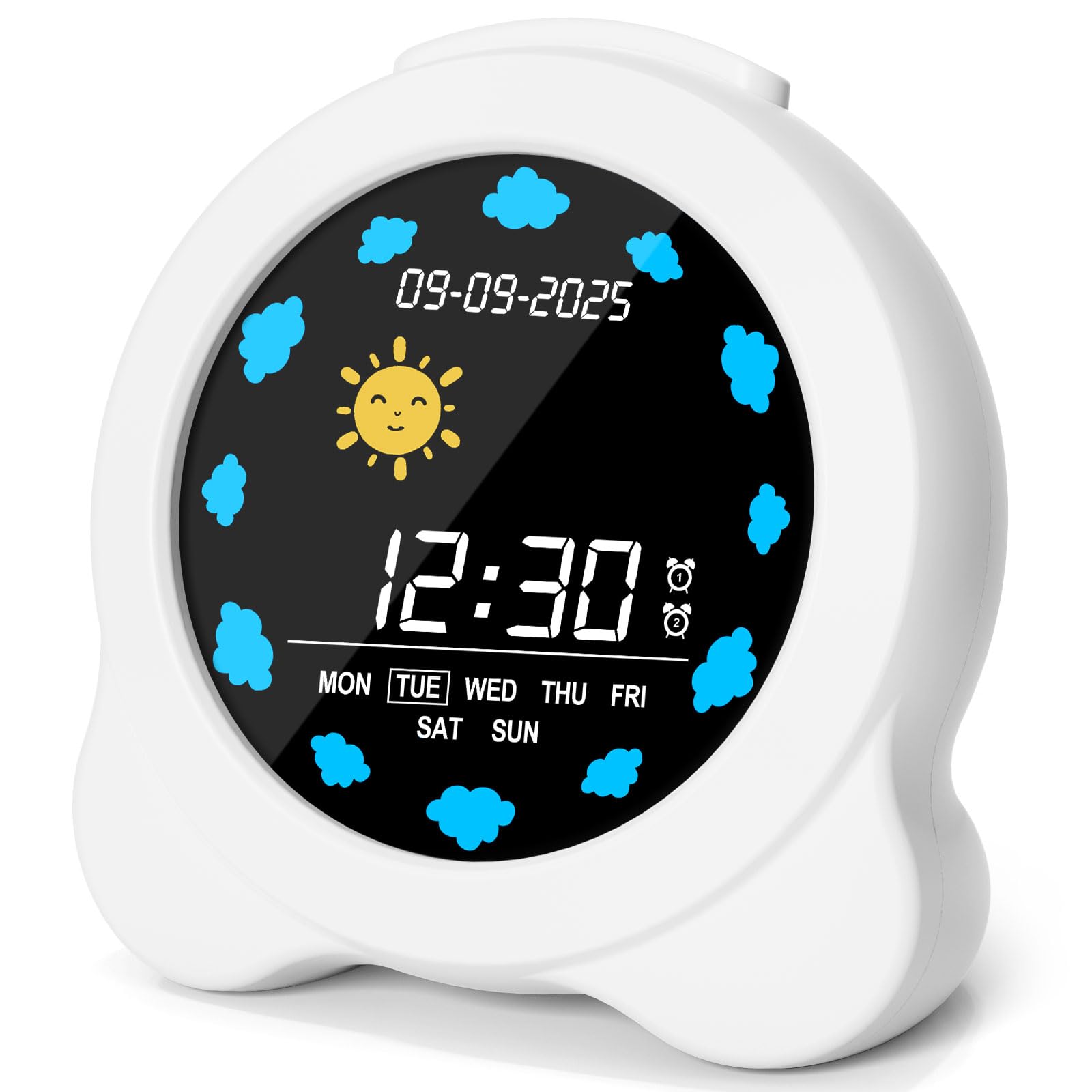 YISSVIC Despertador Infantil 2 Alarmas Brillo Ajustables 3 Volumenes 6 Músicas, Reloj Despertador Digital Función de Repetición Entrenamiento del Sueño para Niños