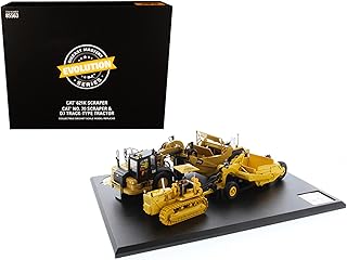 Caterpillar 621K Scraper and Caterpillar No. 70 Scaper with D7 Track-Type Tractor Yellow Evolution Series 1/50 Diecast by Diecast Masters 85563