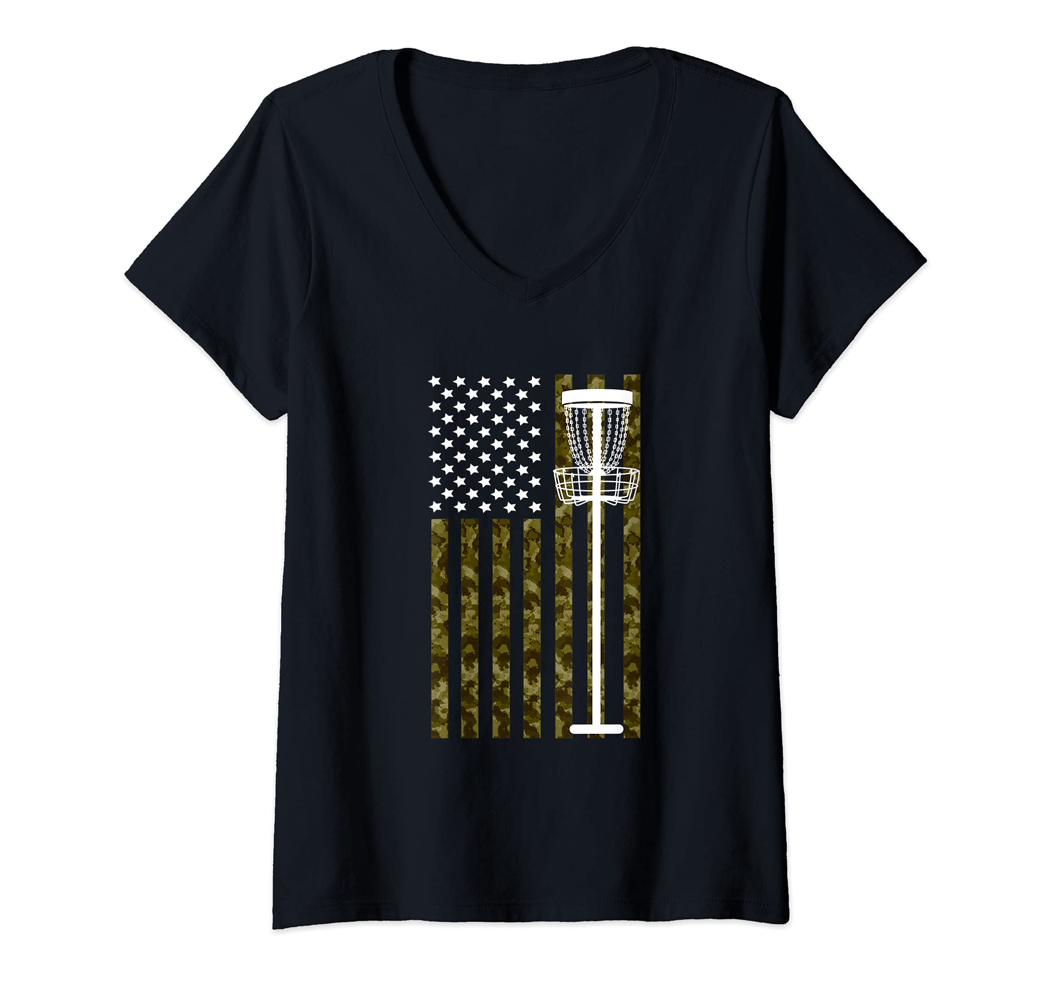Womens Disc Golf American Camouflage Flag For Player And Team V-Neck T-Shirt, Black