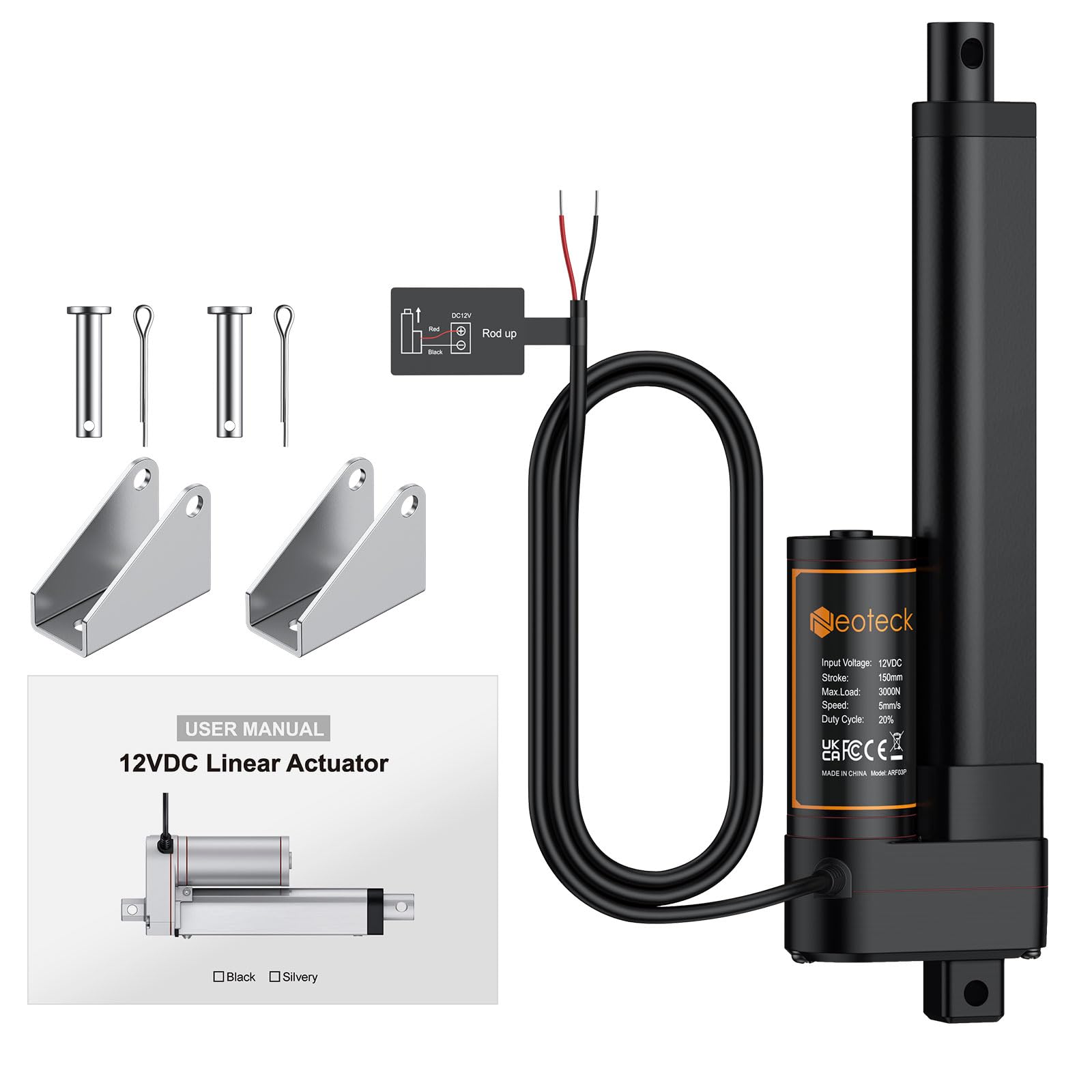 Neoteck Motore Lineare Elettrico 3000N 150mm 12V DC 3.5 mm/s a Carico 50 dB | Attuatore Lineare IP65 Finecorsa Integrato Certificato CE per Sollevatori Industriali Macchine Agricole Rimorchi Camion e CNC