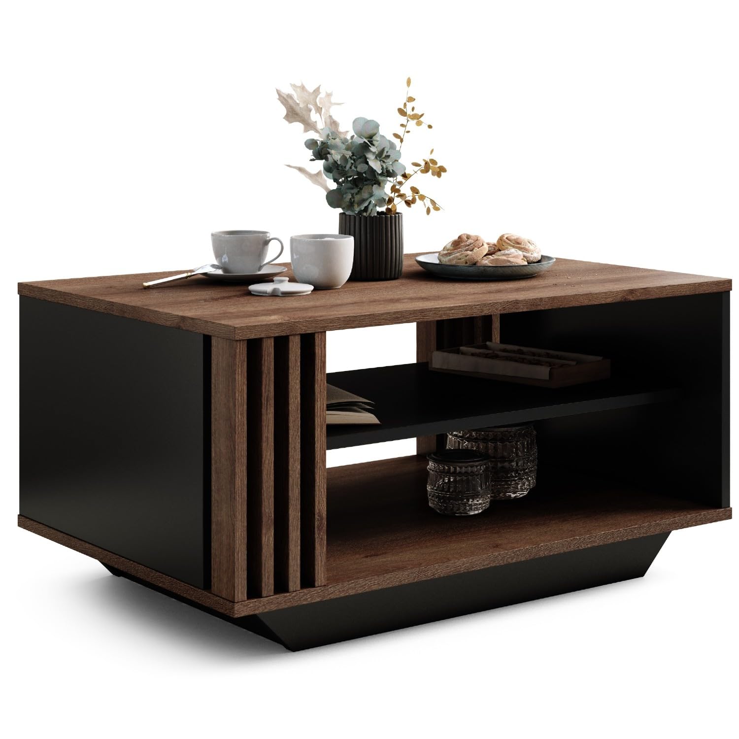 Viosimc Couchtisch, Wohnzimmertisch mit modernen Lamellen, moderner und stilvoller rechteckiger Kaffeetisch mit Ablage, stilvolle Ergänzung für jedes Wohnzimmer – Braun Eiche & Schwarz
