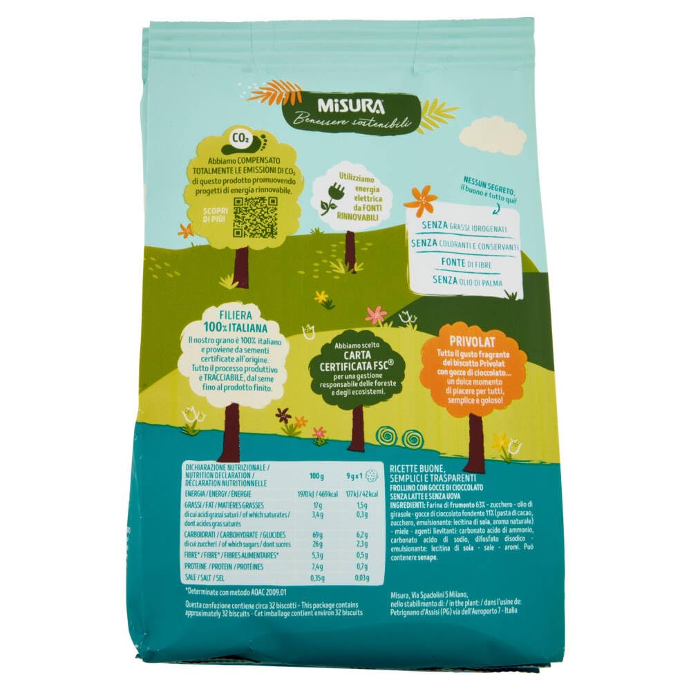 Misura Privolat Biscotti - 8 galletas sin leche ni huevos, con chispas de chocolate de 290 g + llavero Beni Culinari gratuito