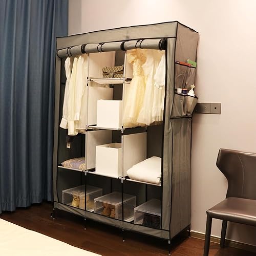 Miniatura 6 de PLKO Armario portátil, organizador de almacenamiento de armario, armario portátil con puerta enrollable con cubierta de tela Oxford negra, duradero