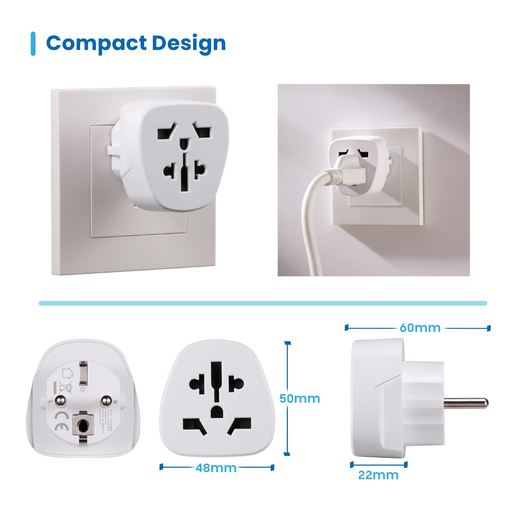 Adapter podróżny, Ewent adapter na świat do Europy, uniwersalny adapter ze świata do Europy, wtyczka z USA/UK/AUS/CHINA/Szwajcaria do gniazda Schuko (IT/ES/DE/UE), kompaktowa wtyczka podróżna