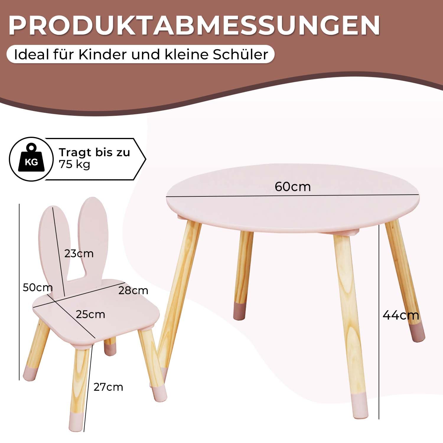 Rebecca Mobili Set mit Tisch und 2 Stühlen für Kinder, Tisch für Kinder mit Sitzen, rosa braun, MDF Kiefer, für Kindergarten – Maße: 44 x 60 x 60 cm / 50 x 28 x 25 cm – Art. RE7017