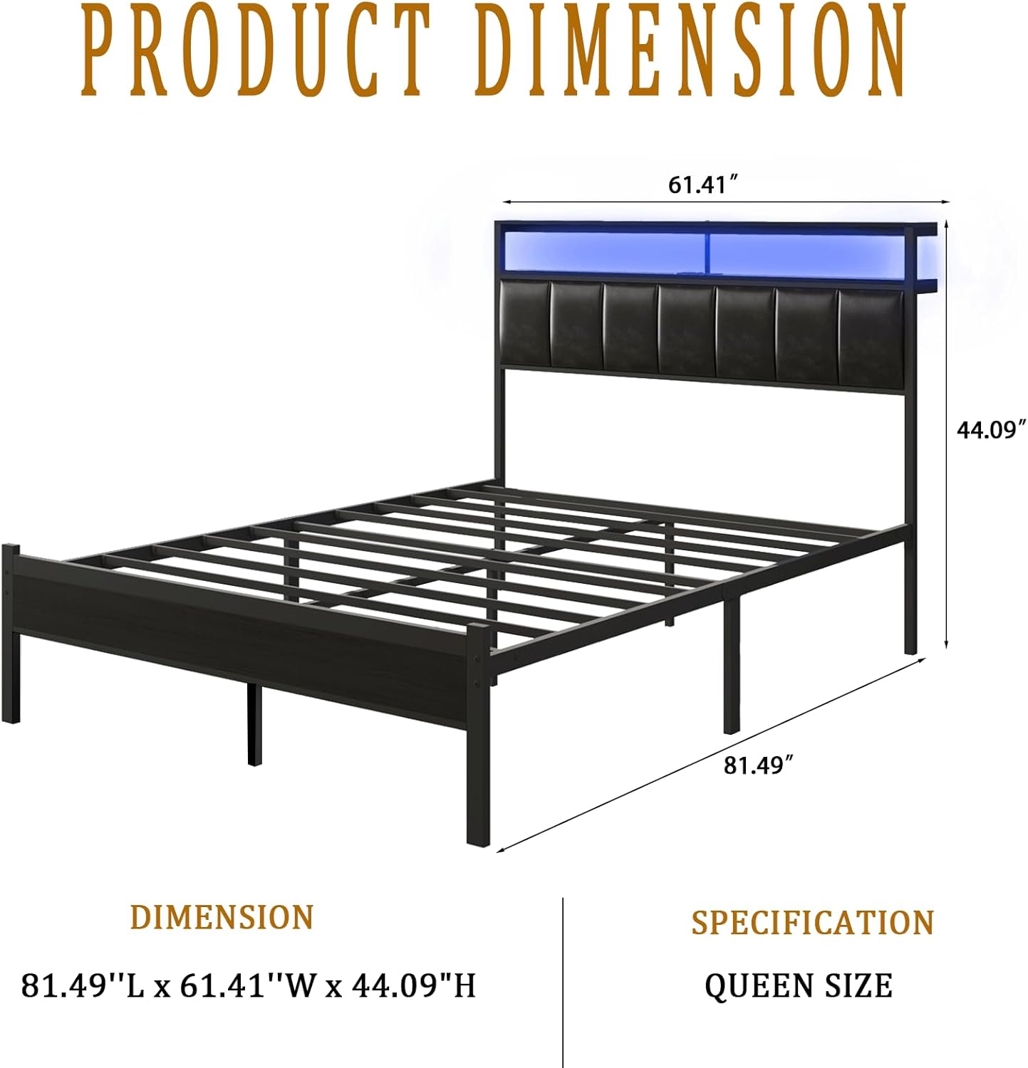 queen size bed frame with charging station and led lights, black upholstered headboard with 2-tier storage shelves, metal bed frame with headboard, no box spring needed, easy assembly, black black queen (headboard only)