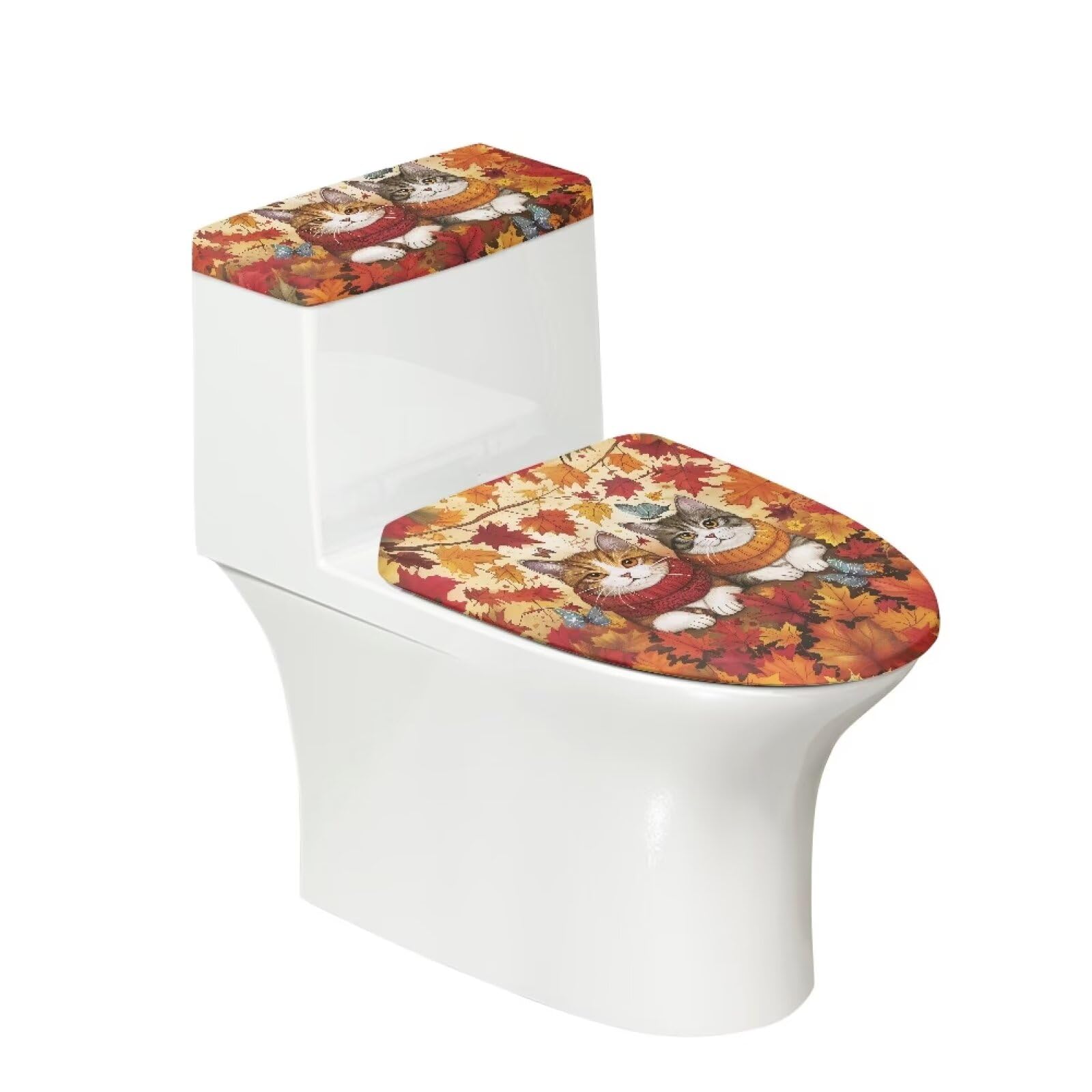 Oamsistay Fall Toilet Seat Cover for Bathroom Cat Toilets Lid and Tank Covers 2Pcs Machine Washable Maple Leaf Seat Covers Fits Most Round, Elongated and Oblong Lids for Family