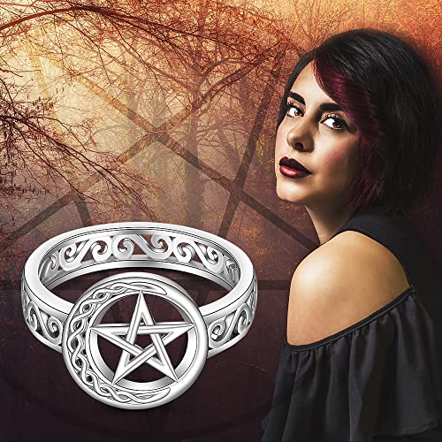 Pentagram Pentacle Ring for Women Celtic Knot Crescent Moon Witch Wiccan Pagan Rings Sterling Silver Protection Amulet Star Pentagram Jewelry Charms3